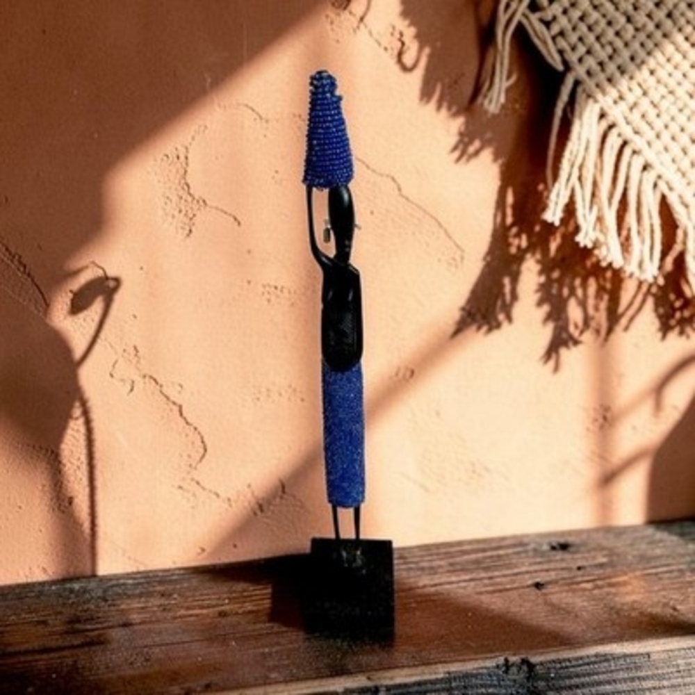 Vintage Handmade African Beaded Wood Figure Blue Beads South Africa 15 Decor Art